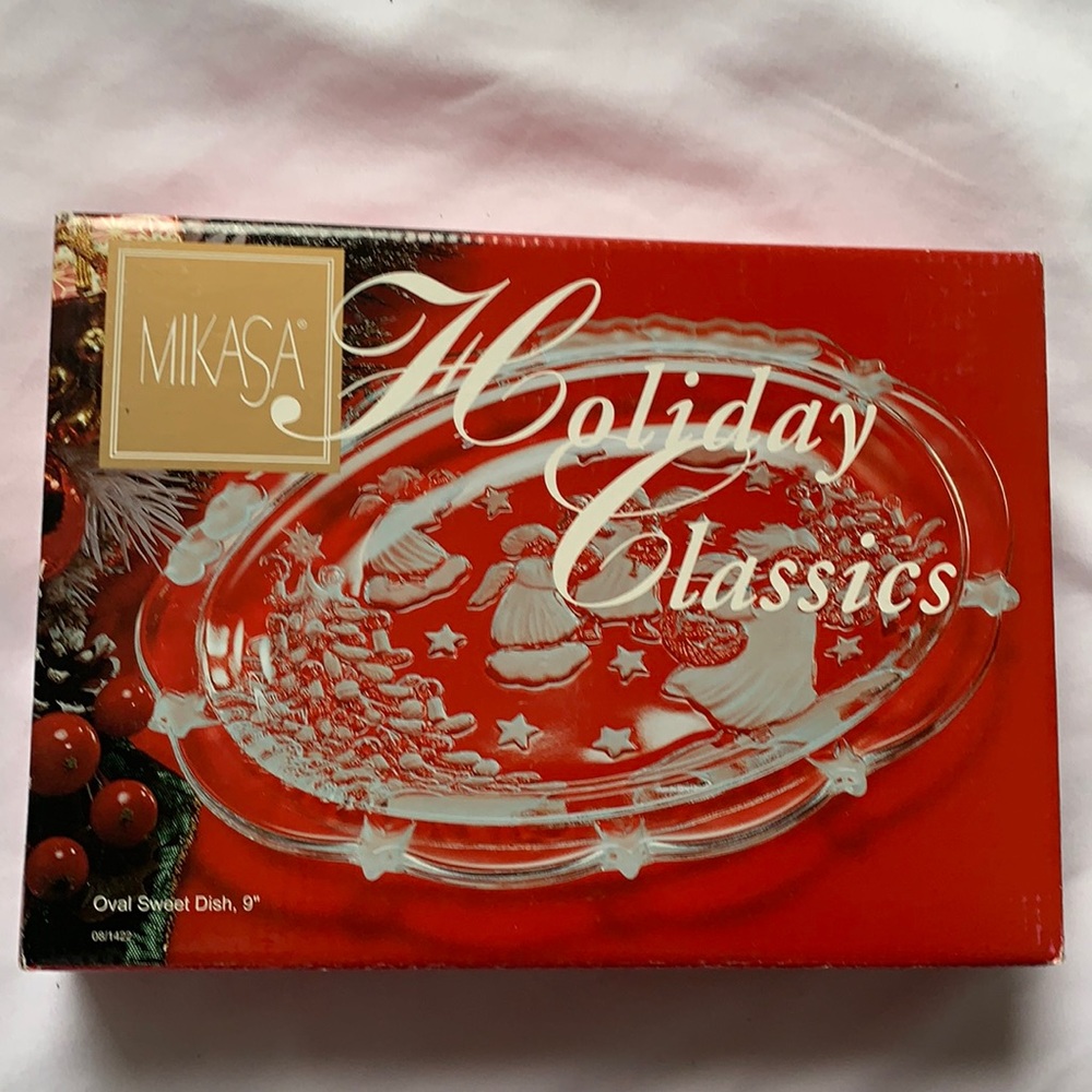 MIKASA Holiday Classics 9" Oval Sweet Dish, Angels & Christmas Tree, Vintage